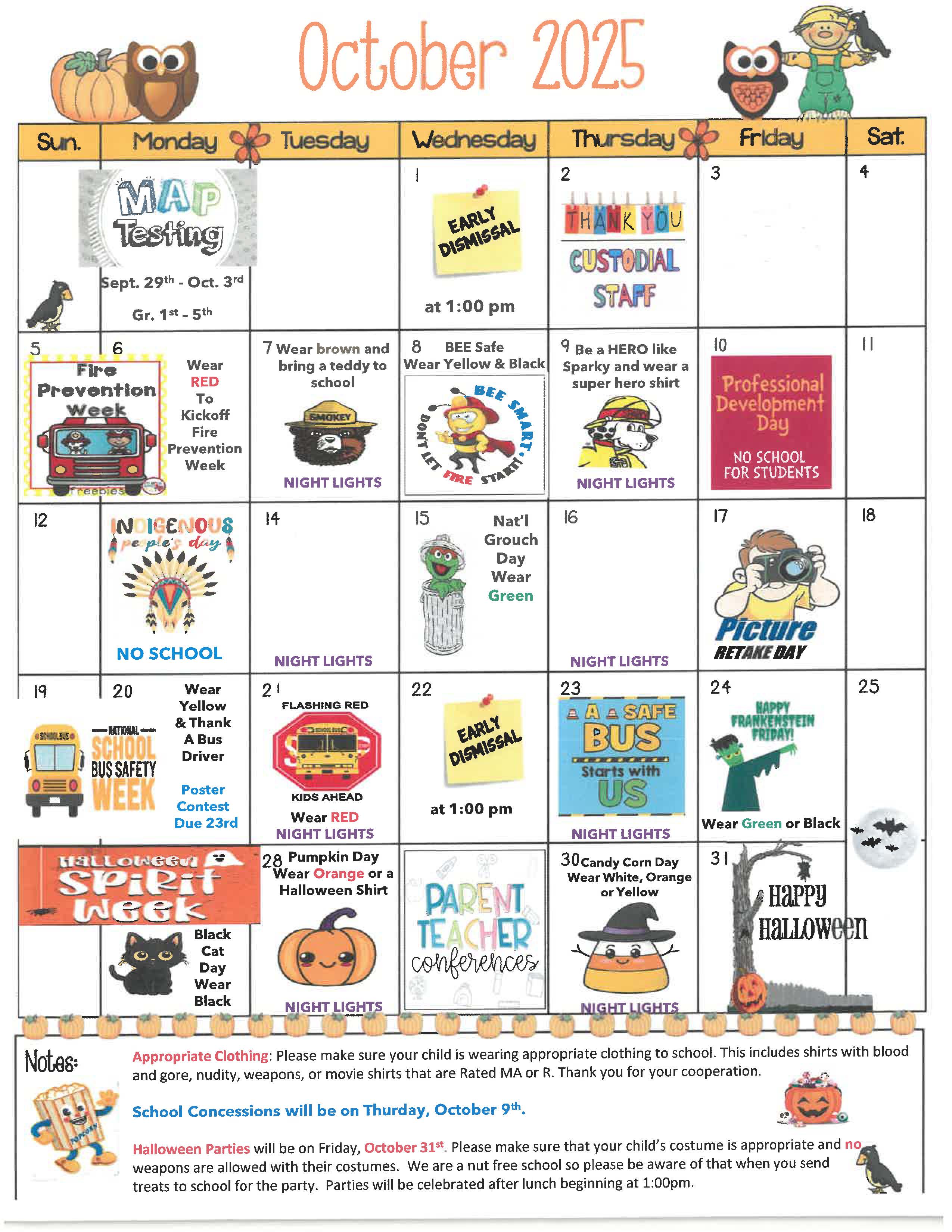 Elementary October 2025 list of events